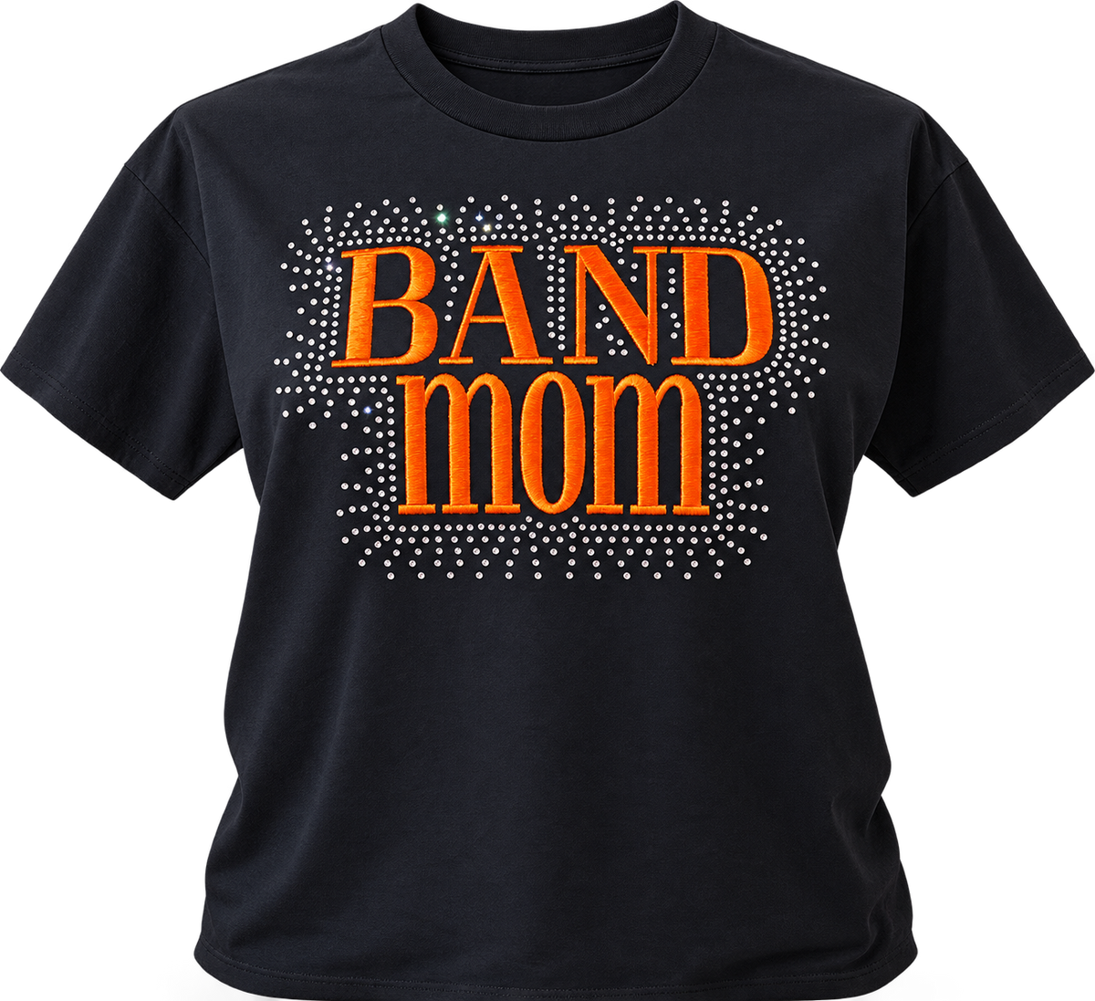 Band Mom, Alvin, TX Orange Embroidery with Crystal Rhinestones, Black t-shirt, short sleeves