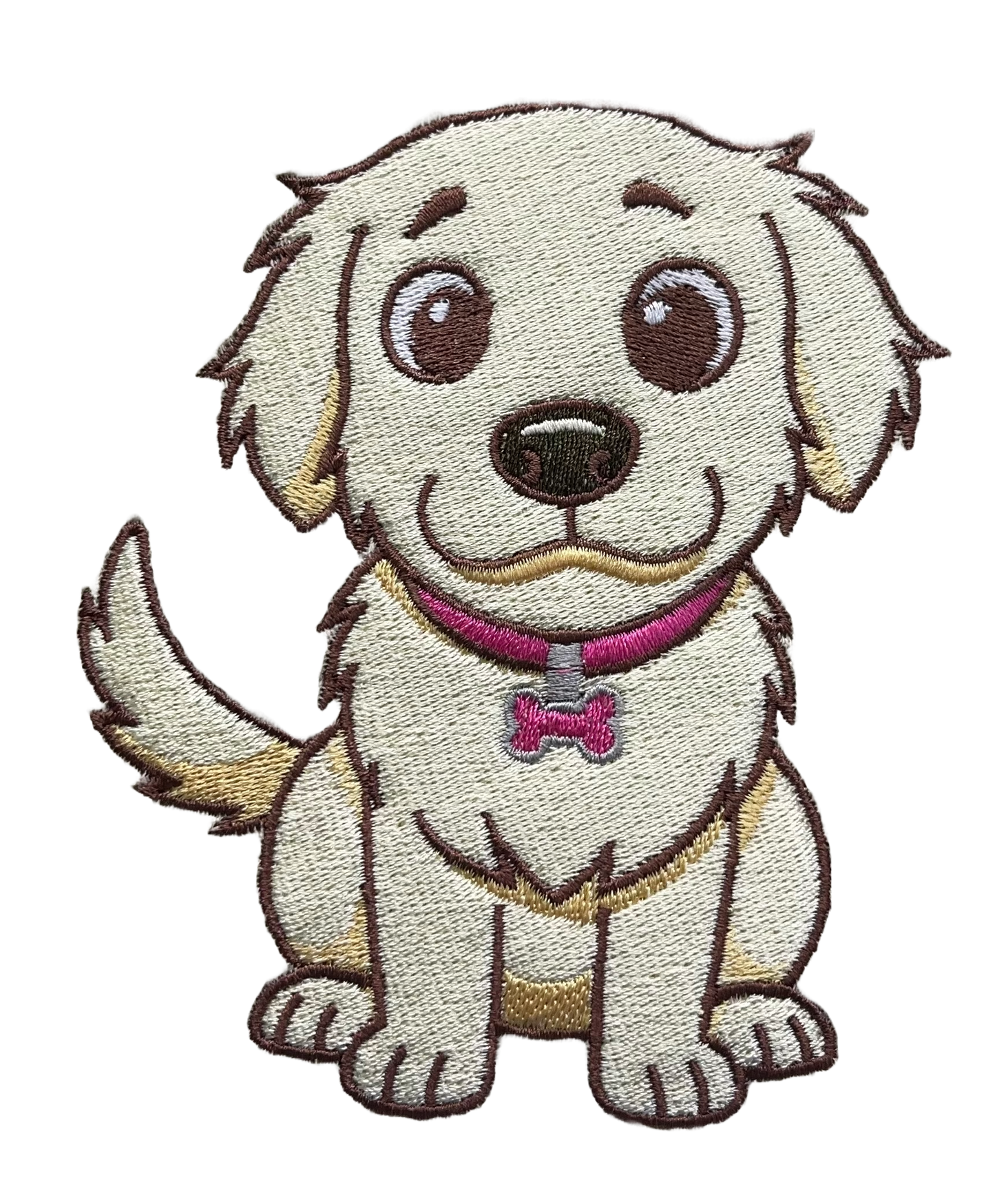 mbroidered design of a cartoon dog with a pink collar on a white background