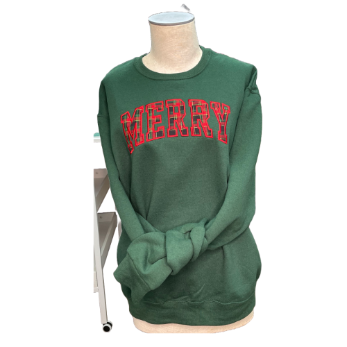 Merry Appliquéd Holiday Sweatshirt, Dark Green, Long Sleeve