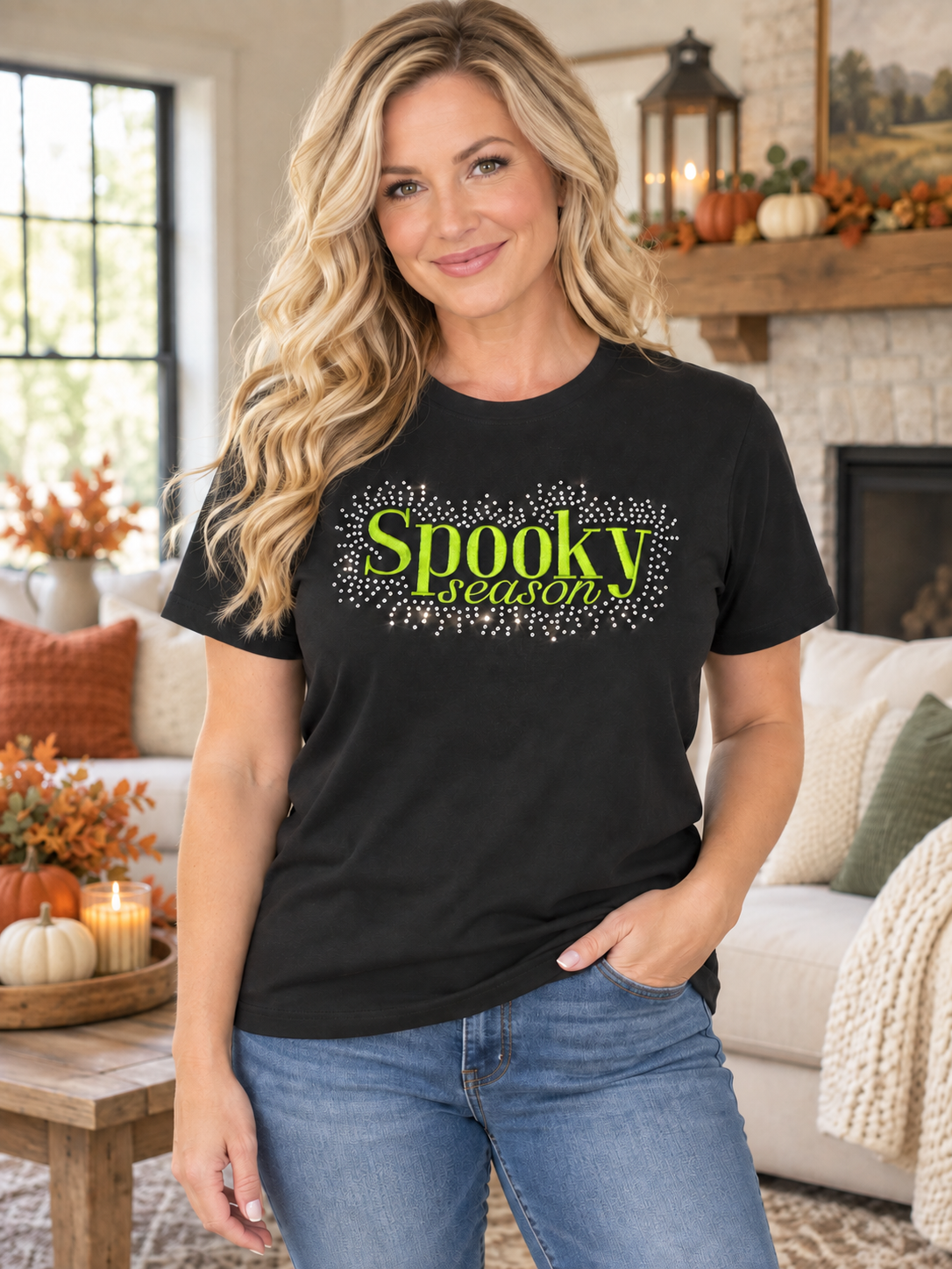 Spooky Season Black T-Shirt Embroidered with Rhinestones short sleeves