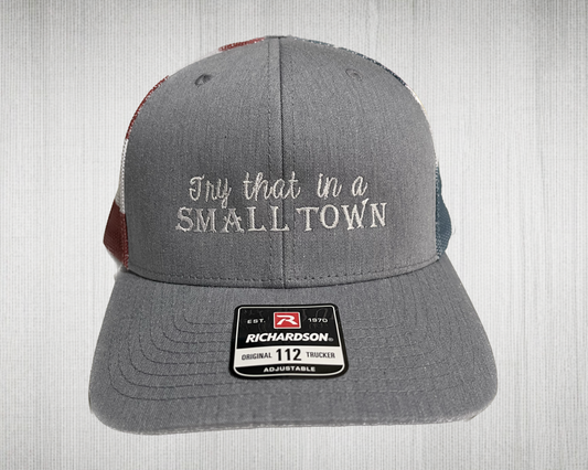 Try That In A Small Town hat, cap,Richardson 112 stars and stripe mesh back