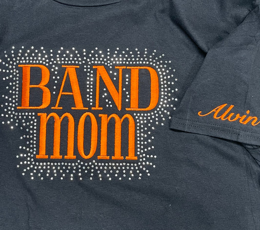 Band Mom, Alvin, TX Orange Embroidery with Crystal Rhinestones, Black t-shirt, short sleeves